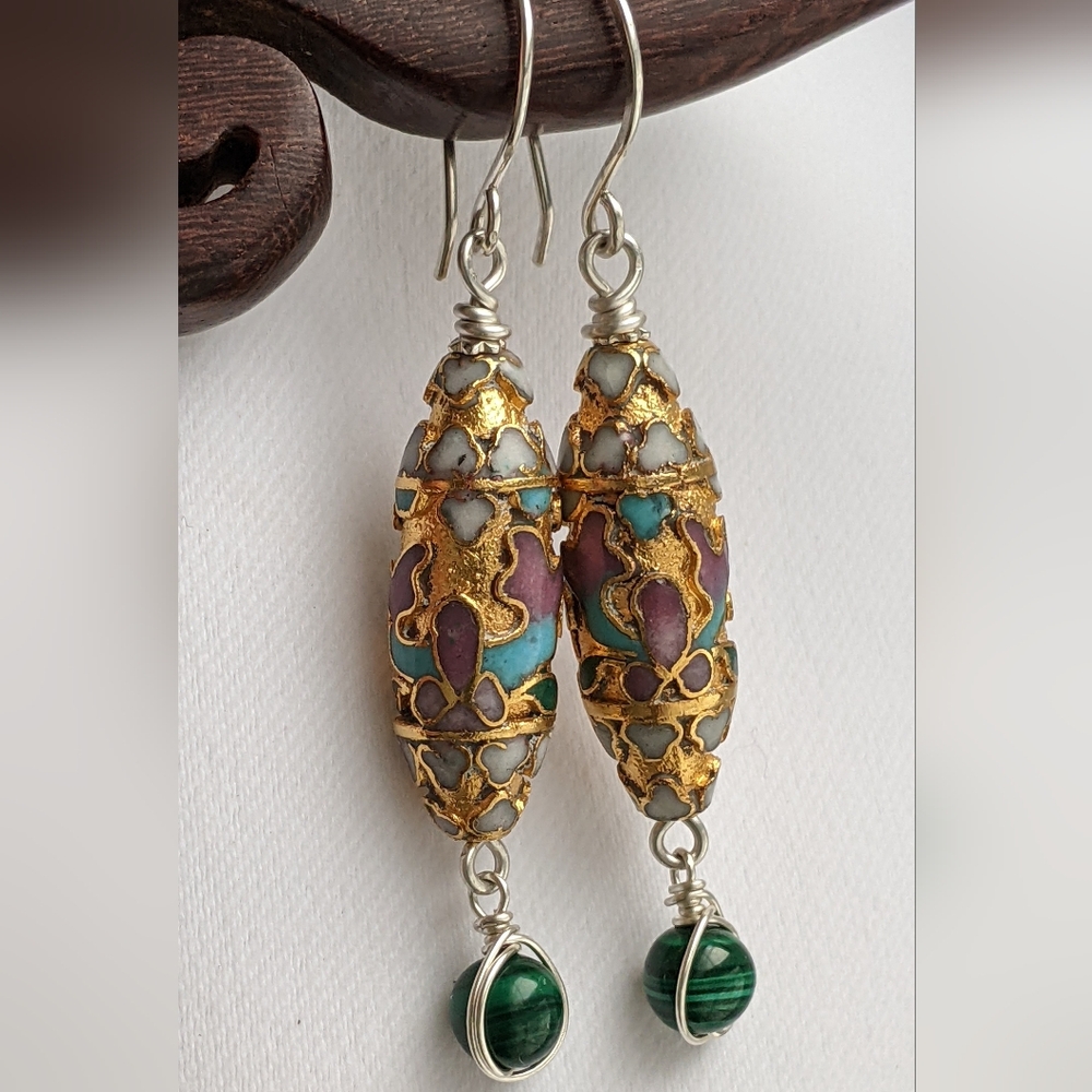 Authentic Vintage Cloisonne Earrings Sterling Silver Gold Toned with Malachite - Picture 11 of 12